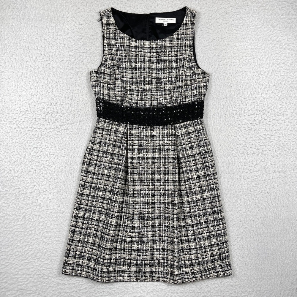 Trina Turk Dress Womens 8 Black White Tweed Lattice Waist Chic Mod Preppy Luxury